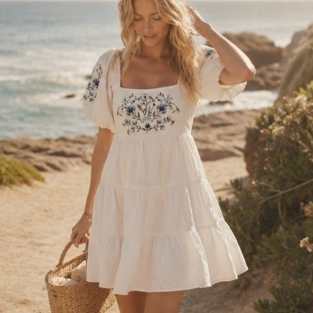 Milkmaid Embroidered Puff Sleeve A Line White Mini Dress XS Cottage Boho Bridal